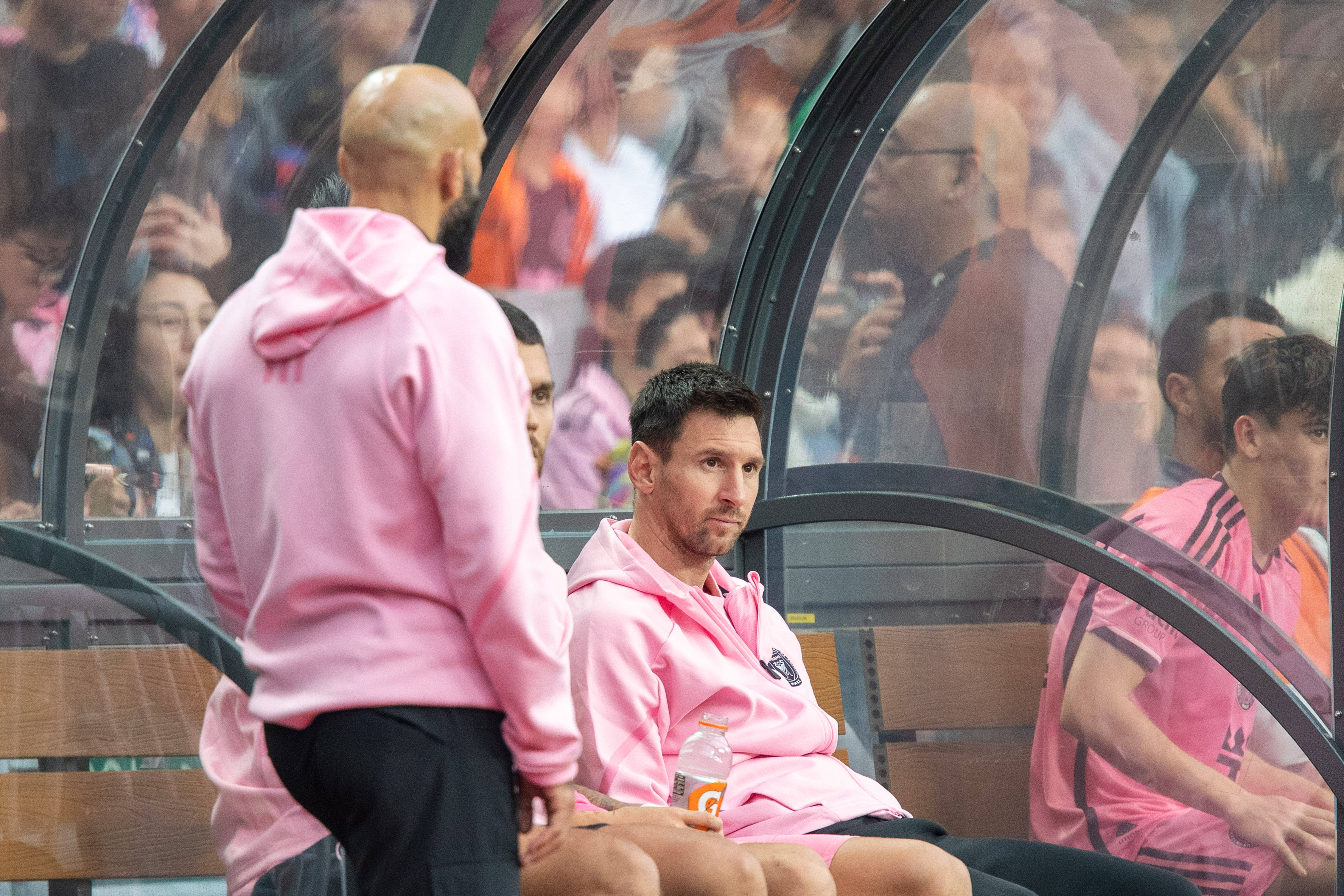 Lionel Messi pictured sitting on the bench during Inter Miami's 4-1 win over a Hong Kong XI in February 2024